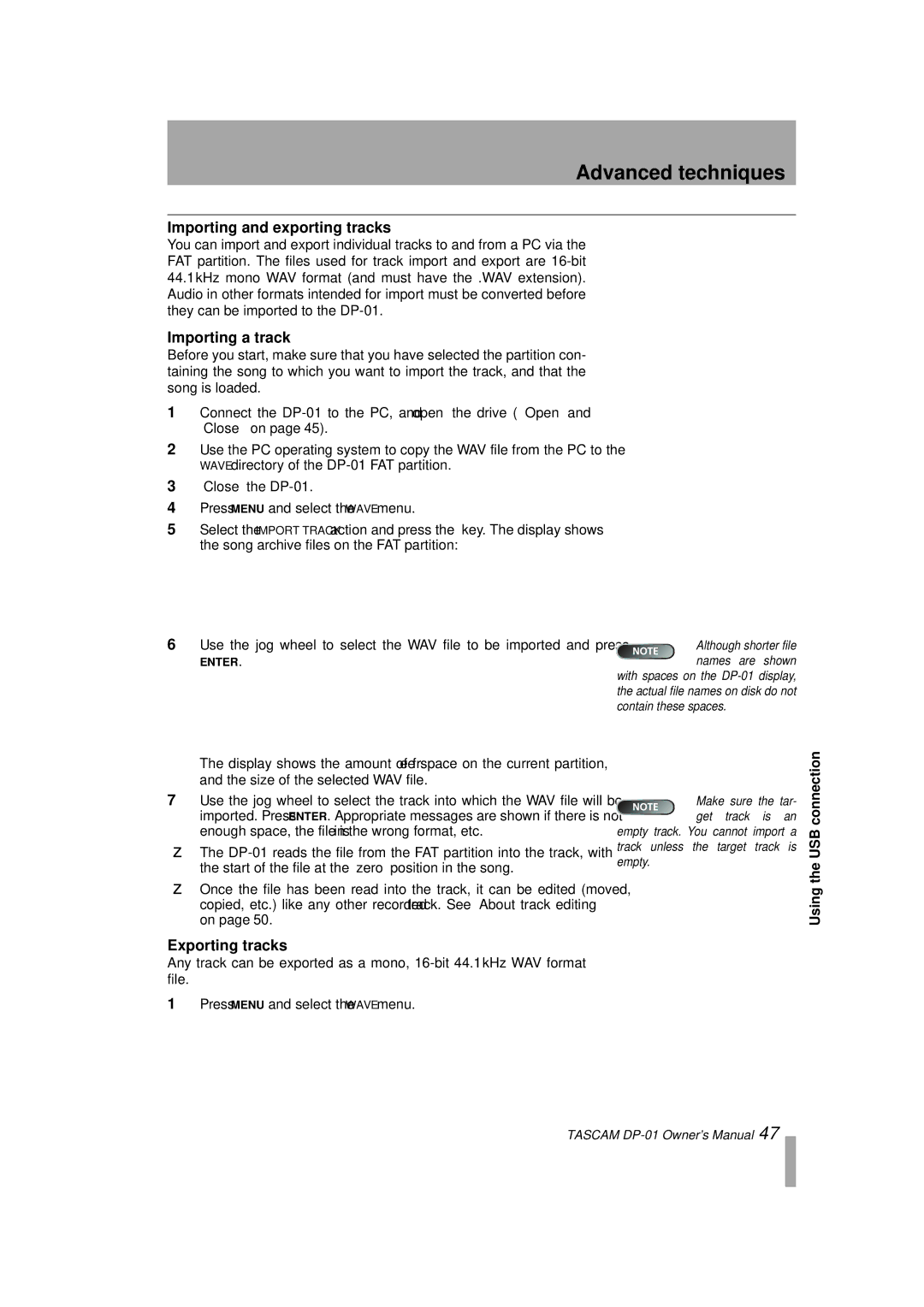 Tascam D00871320A, DP-01FX/CD owner manual Importing and exporting tracks, Importing a track, Exporting tracks 