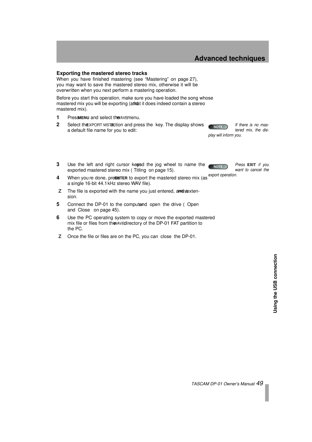 Tascam D00871320A, DP-01FX/CD owner manual Exporting the mastered stereo tracks, Default file name for you to edit 