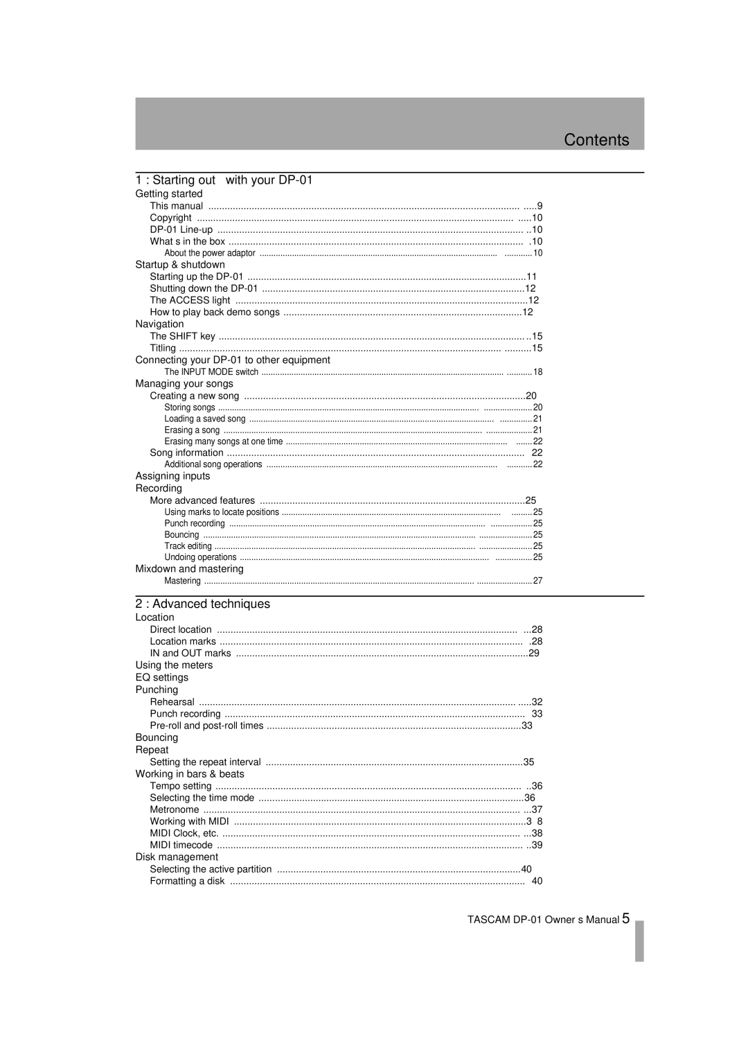 Tascam D00871320A, DP-01FX/CD owner manual Contents 