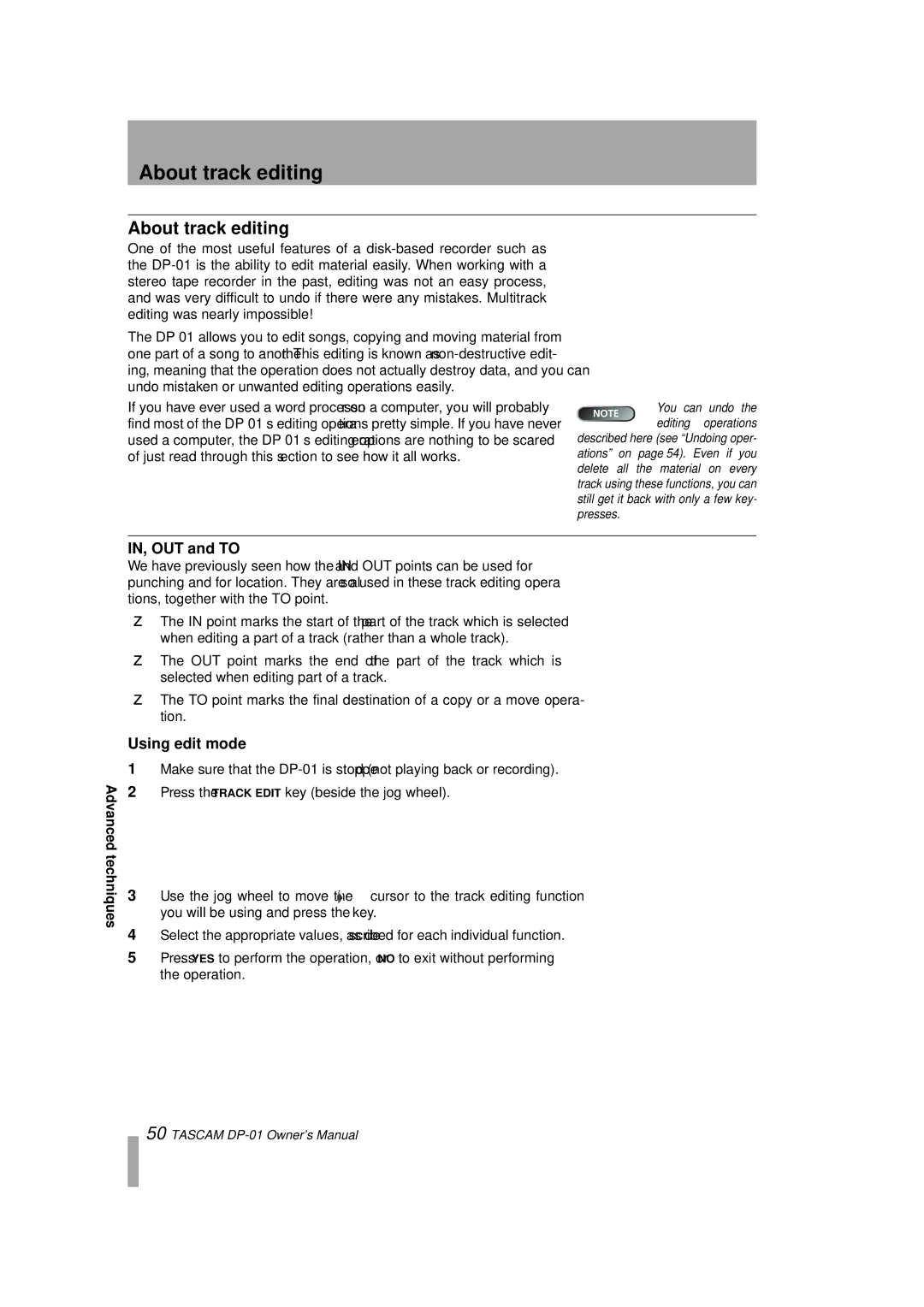 Tascam DP-01FX/CD, D00871320A owner manual About track editing, IN, OUT and to, Using edit mode 