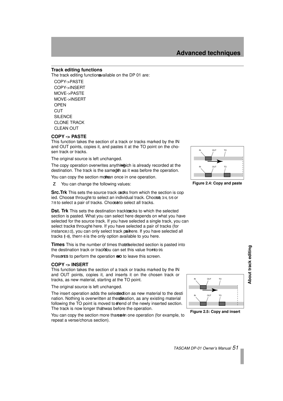 Tascam D00871320A, DP-01FX/CD owner manual Track editing functions, You can change the following values 