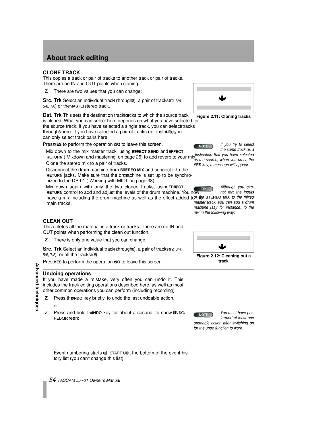 Tascam DP-01FX/CD There are two values that you can change, Press the Undo key briefly, to undo the last undoable action 