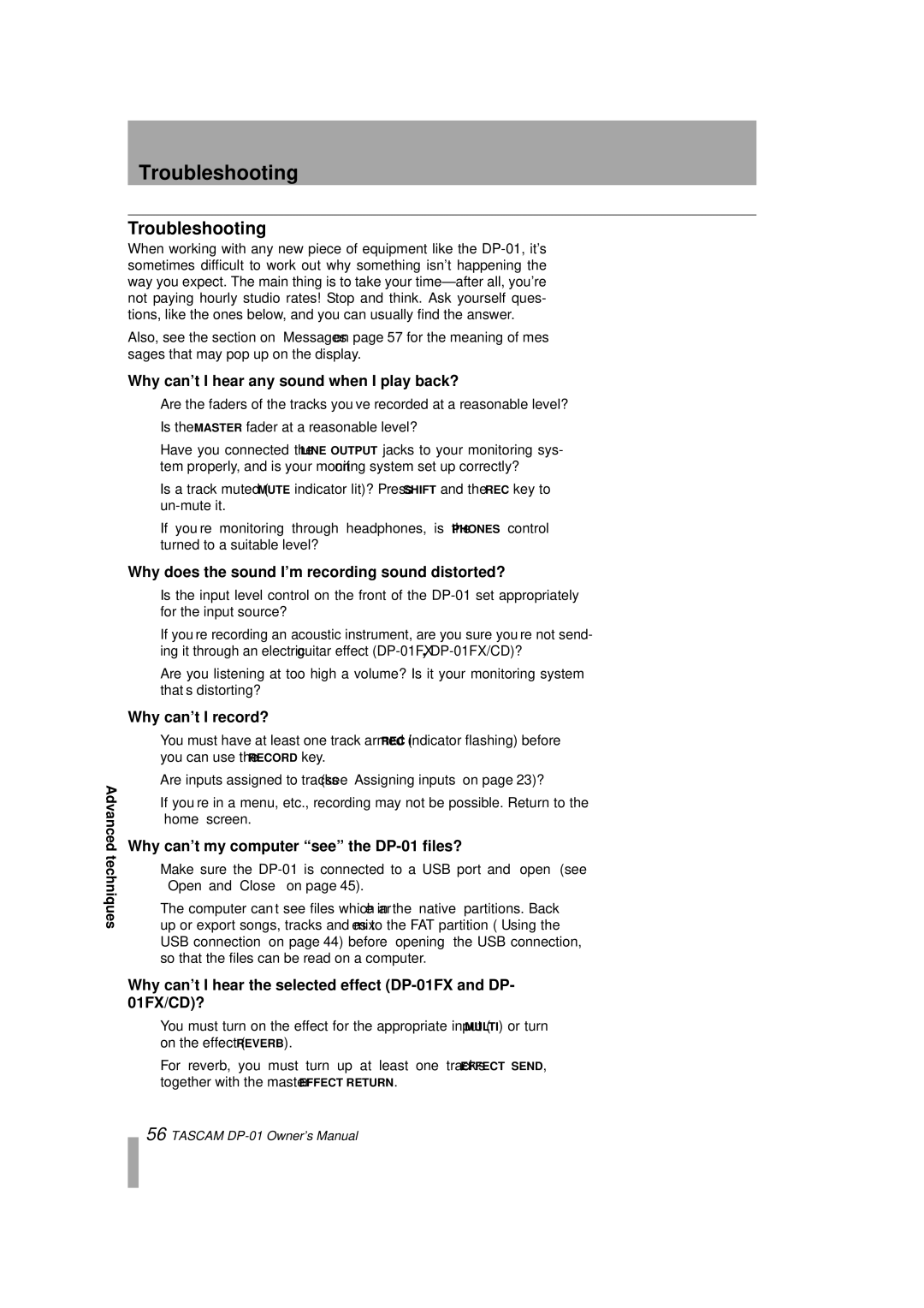 Tascam DP-01FX/CD, D00871320A owner manual Troubleshooting 