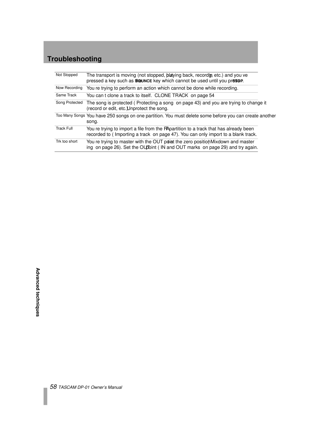 Tascam DP-01FX/CD, D00871320A owner manual You can’t clone a track to itself. Clone Track on 