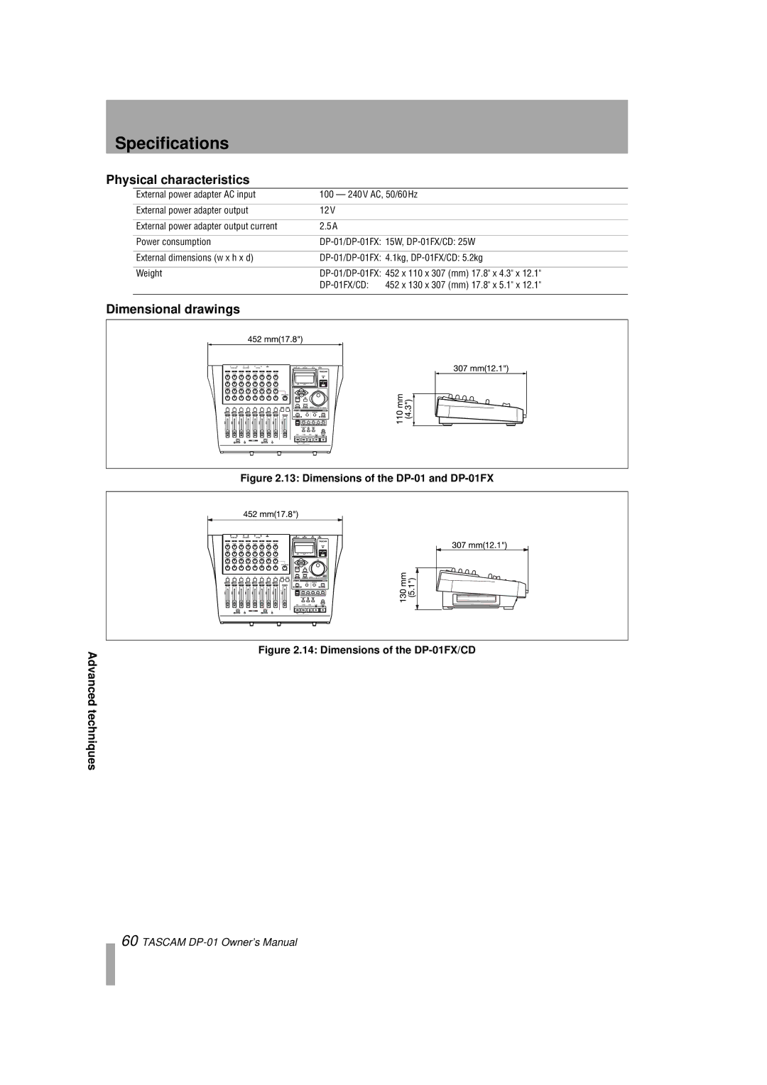 Tascam DP-01FX/CD, D00871320A owner manual Specifications, Physical characteristics, Dimensional drawings 