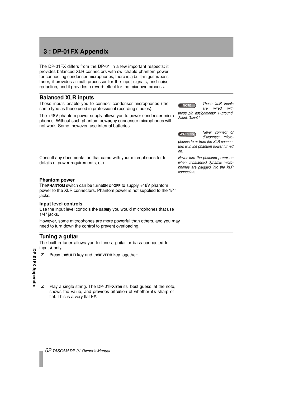 Tascam DP-01FX/CD, D00871320A DP-01FX Appendix, Balanced XLR inputs, Tuning a guitar, Phantom power, Input level controls 