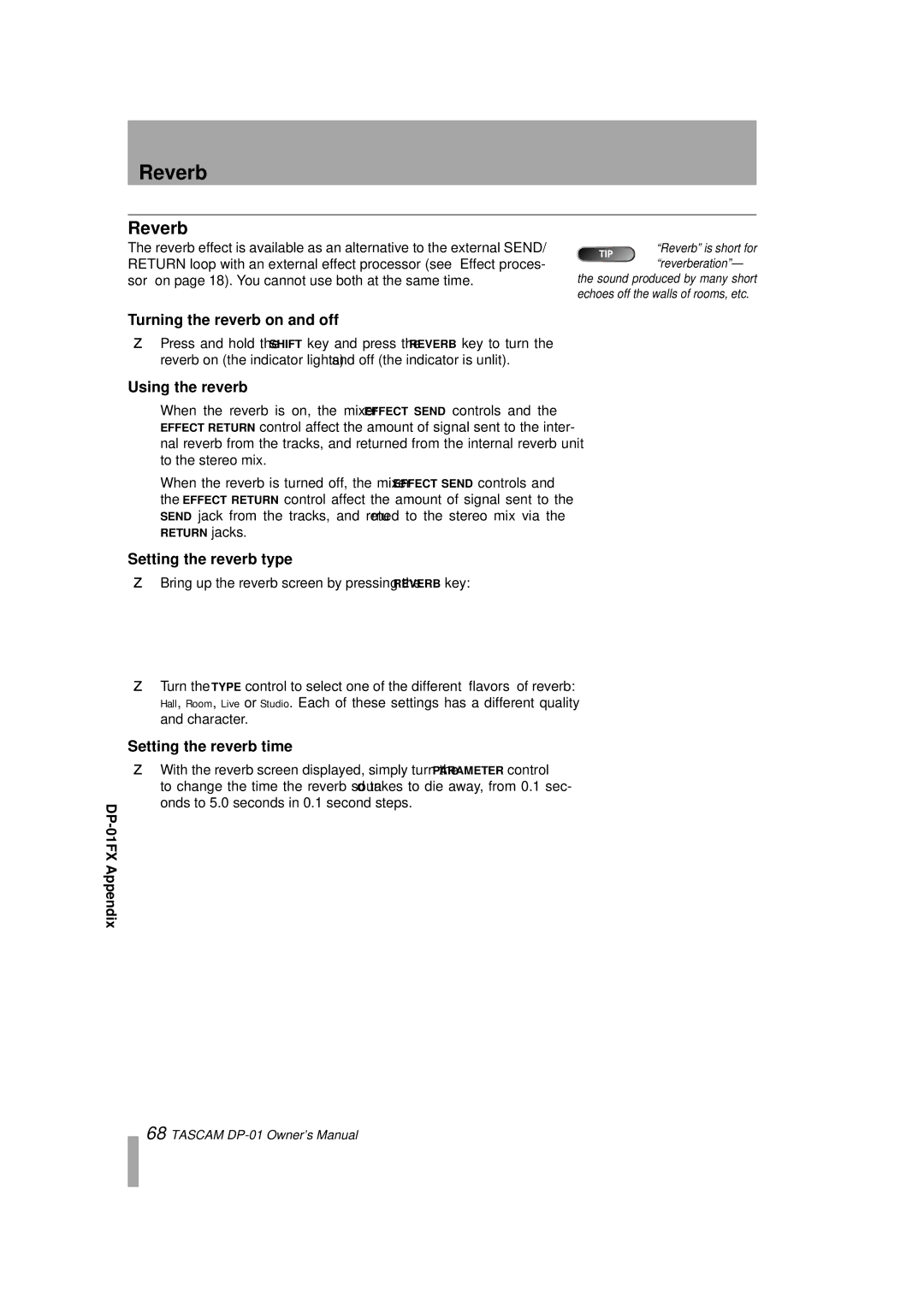 Tascam DP-01FX/CD, D00871320A owner manual Reverb 