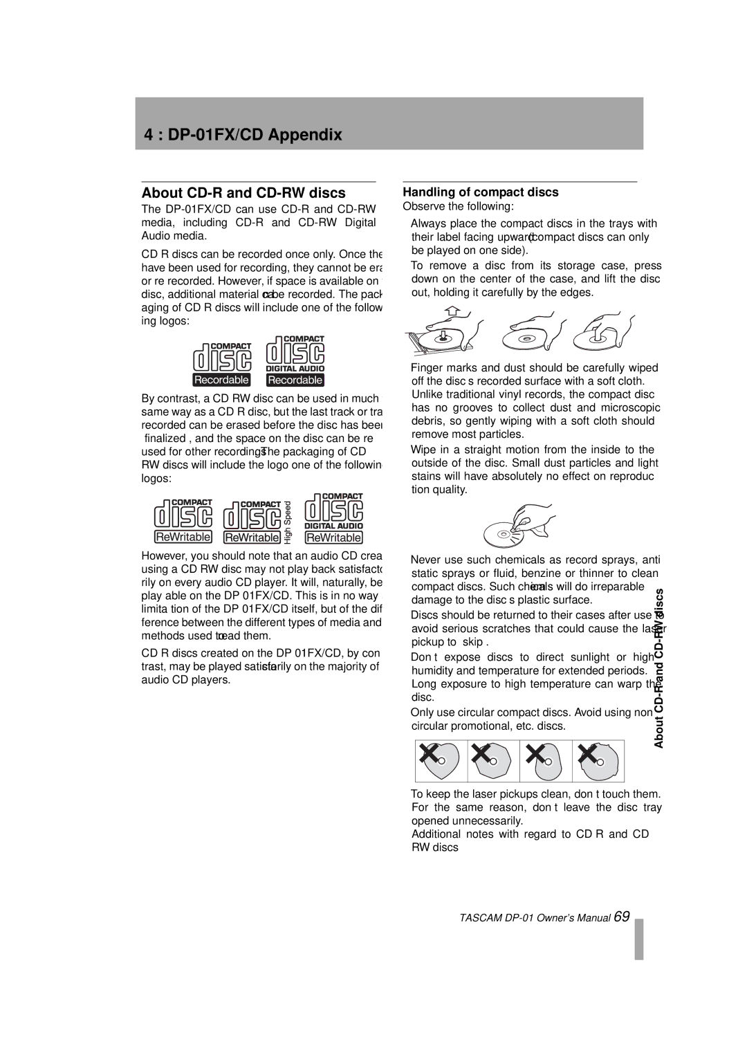 Tascam D00871320A owner manual DP-01FX/CD Appendix, About CD-R and CD-RW discs, Handling of compact discs 