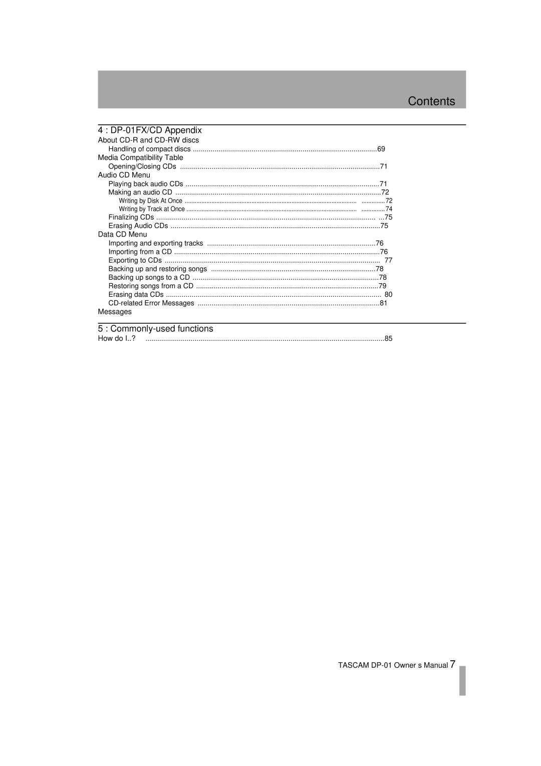 Tascam D00871320A owner manual DP-01FX/CD Appendix, Commonly-used functions 