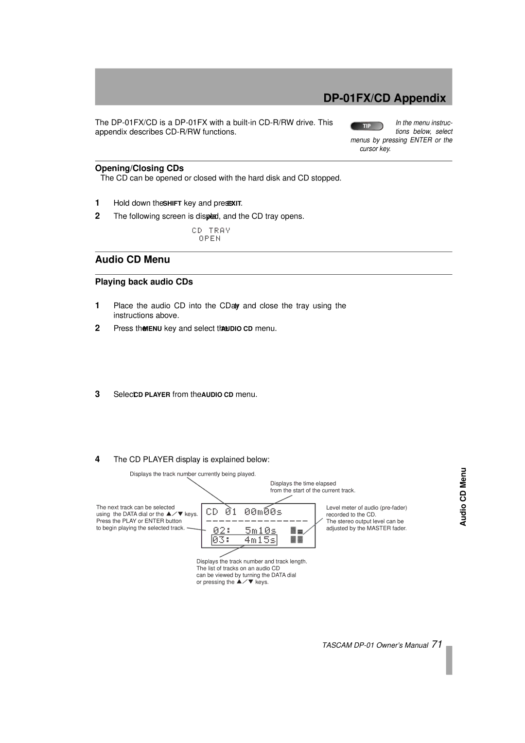 Tascam D00871320A, DP-01FX/CD owner manual Audio CD Menu, Opening/Closing CDs, Playing back audio CDs 