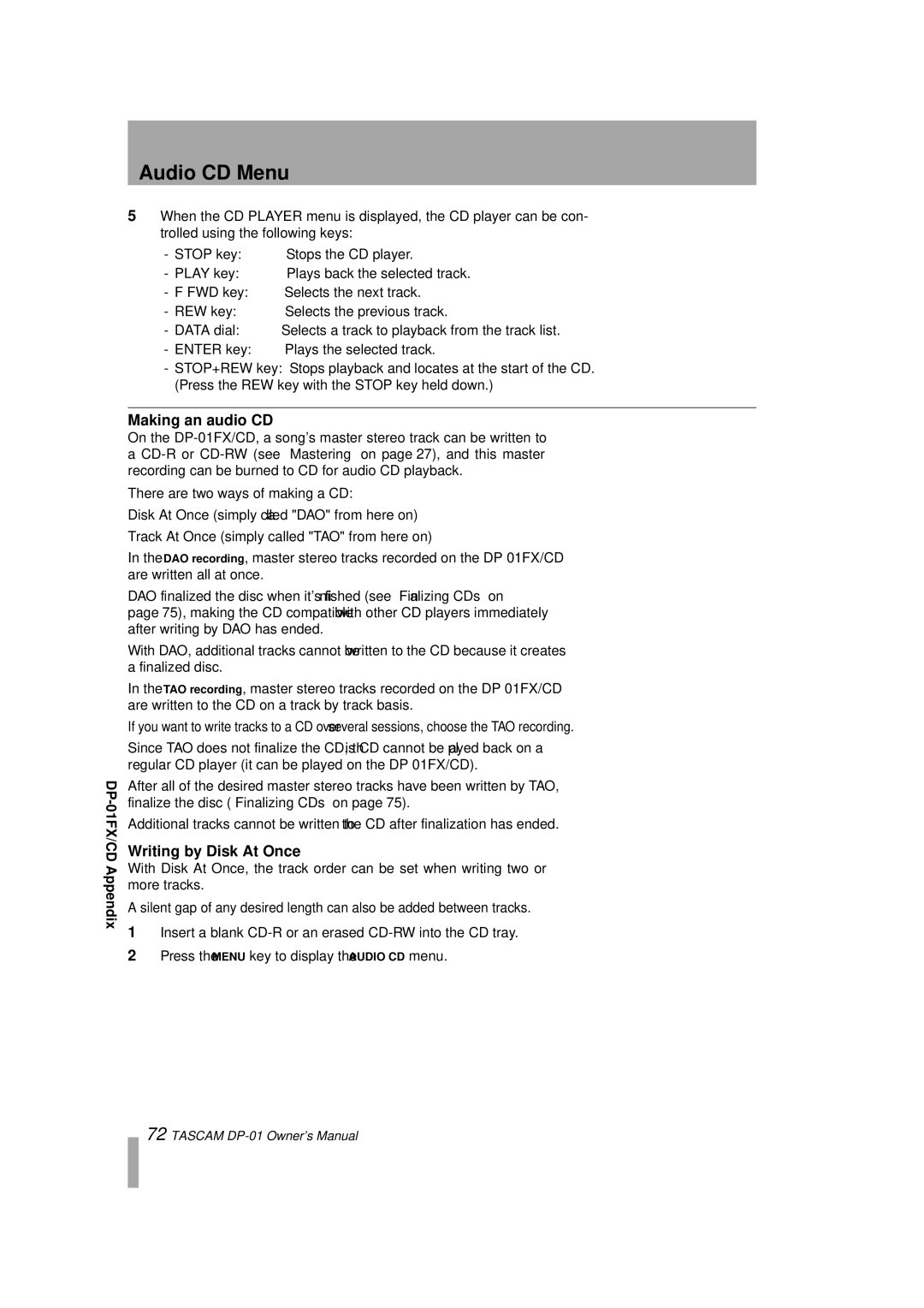 Tascam DP-01FX/CD, D00871320A owner manual Audio CD Menu, Making an audio CD, Writing by Disk At Once 