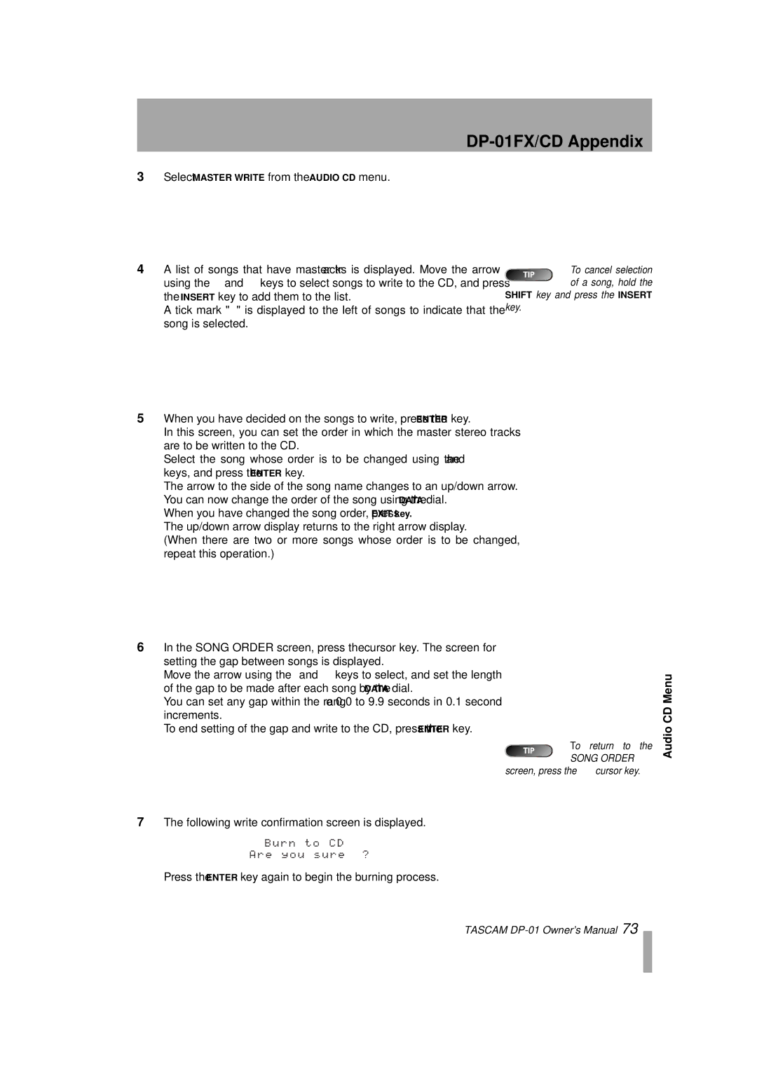 Tascam D00871320A, DP-01FX/CD owner manual Move the arrow using, Audio CD Menu 