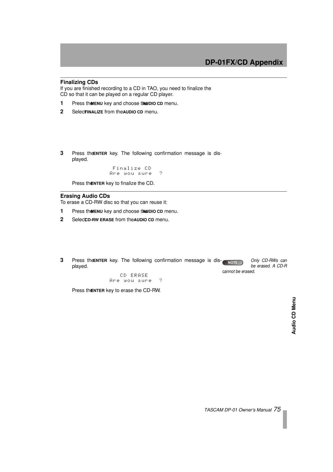 Tascam D00871320A, DP-01FX/CD owner manual Finalizing CDs, Erasing Audio CDs, Press the Enter key to erase the CD-RW 