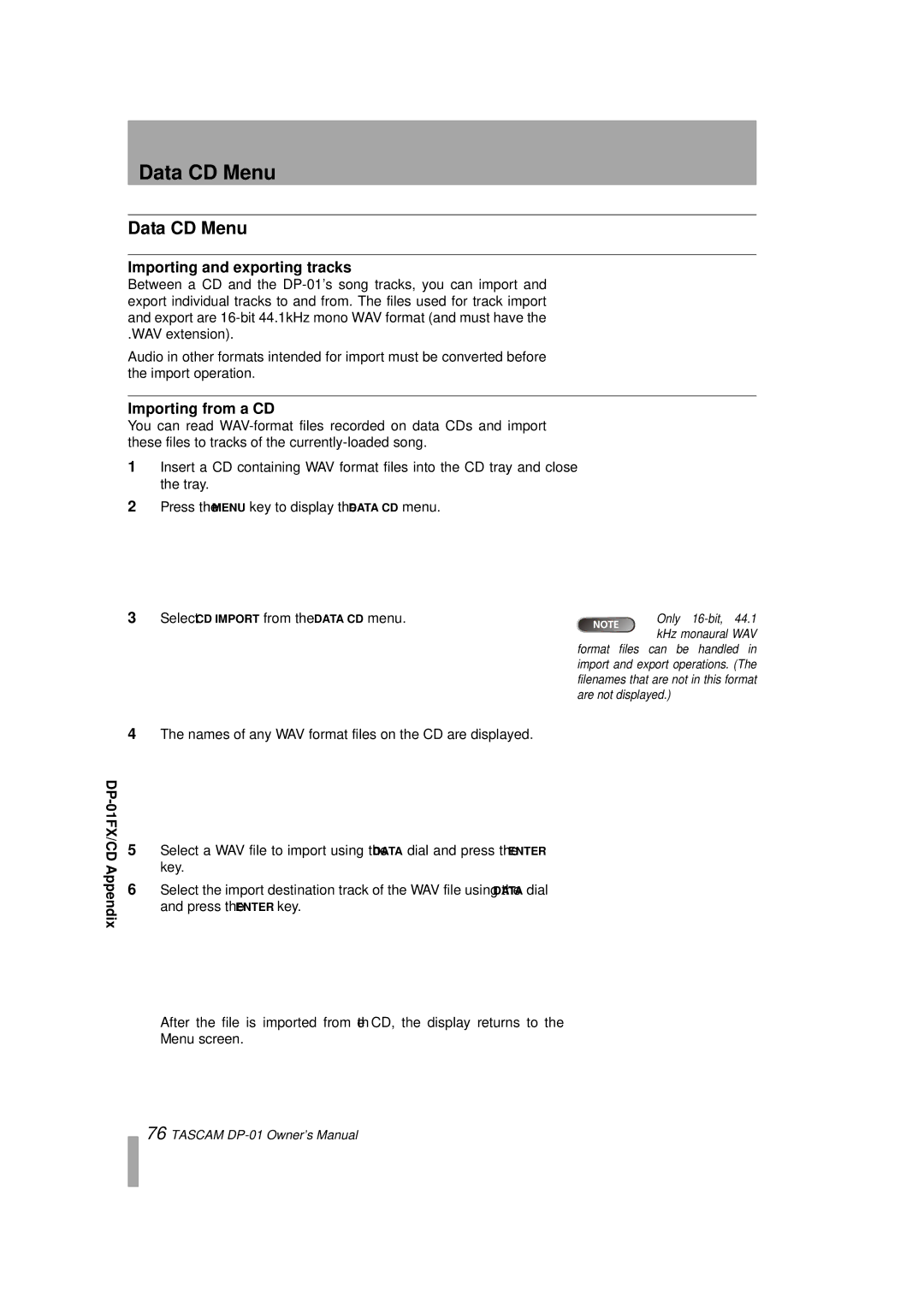 Tascam DP-01FX/CD, D00871320A Data CD Menu, Importing from a CD, Names of any WAV format files on the CD are displayed 