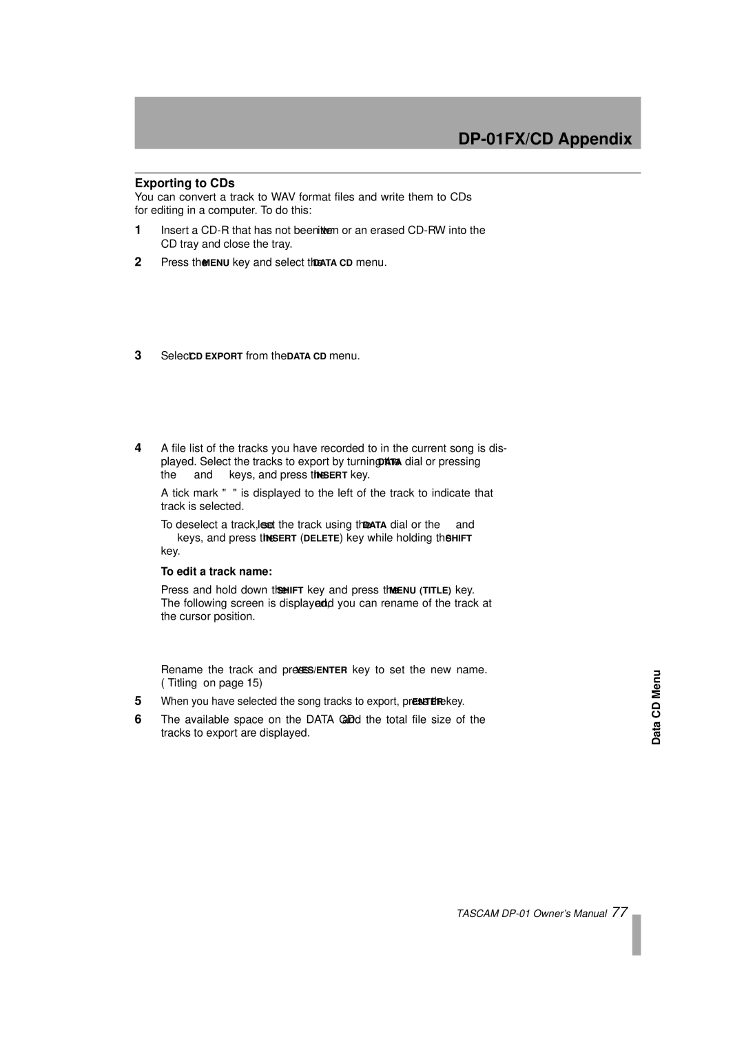 Tascam D00871320A, DP-01FX/CD Exporting to CDs, Keys, and press the Insert key, Titling on, Tracks to export are displayed 