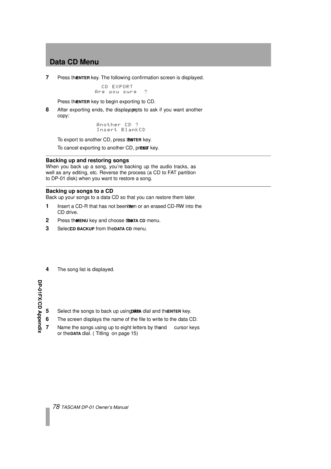 Tascam DP-01FX/CD, D00871320A owner manual Backing up songs to a CD, Or the Data dial. Titling on 