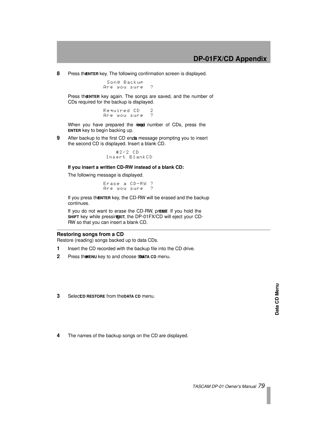 Tascam D00871320A, DP-01FX/CD owner manual Restoring songs from a CD, If you insert a written CD-RW instead of a blank CD 