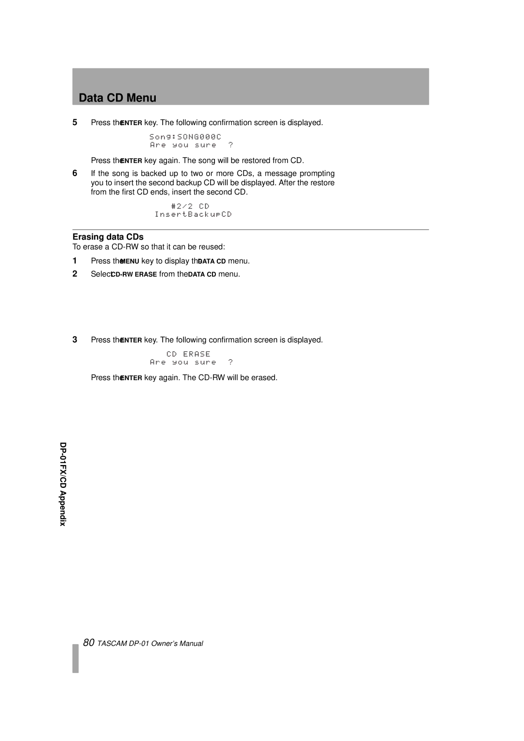 Tascam DP-01FX/CD, D00871320A owner manual Erasing data CDs 