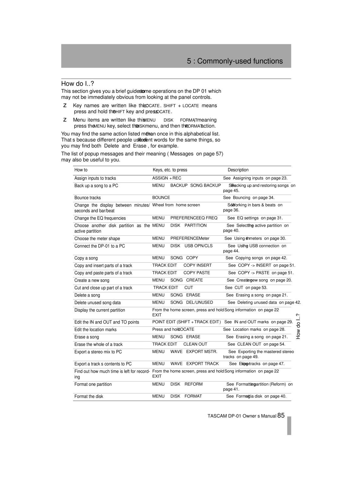 Tascam D00871320A, DP-01FX/CD owner manual Commonly-used functions, How do I..? 