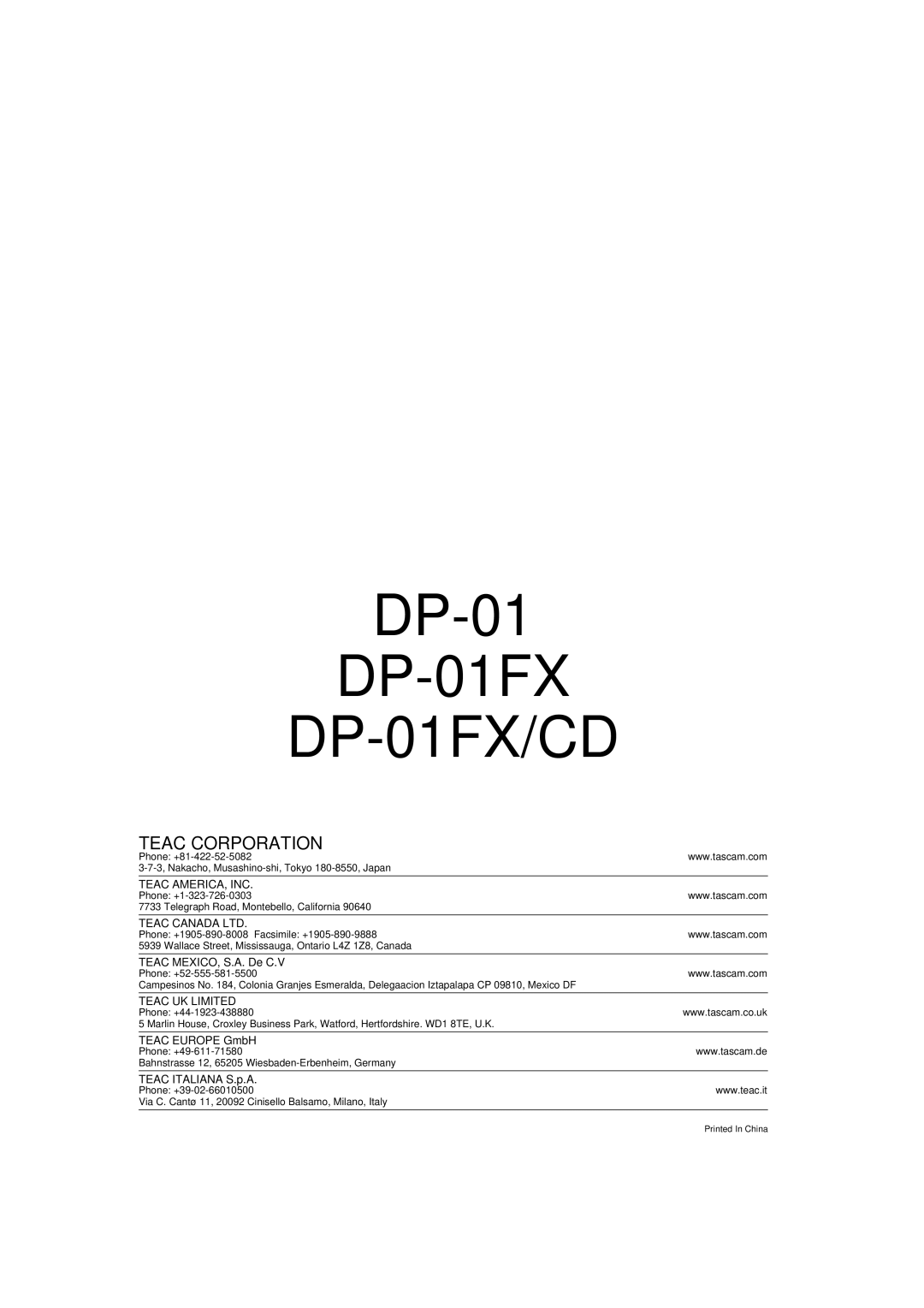 Tascam D00871320A owner manual DP-01FX DP-01FX/CD 