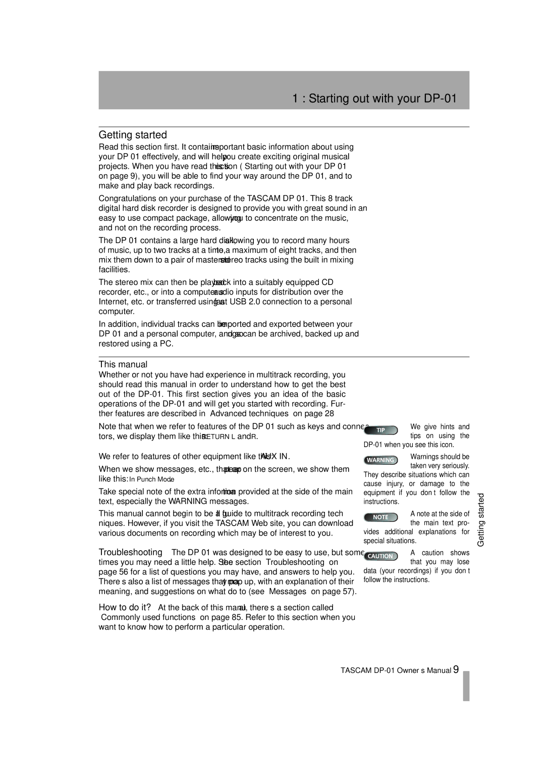 Tascam D00871320A, DP-01FX/CD owner manual Starting out with your DP-01, Getting started, This manual 