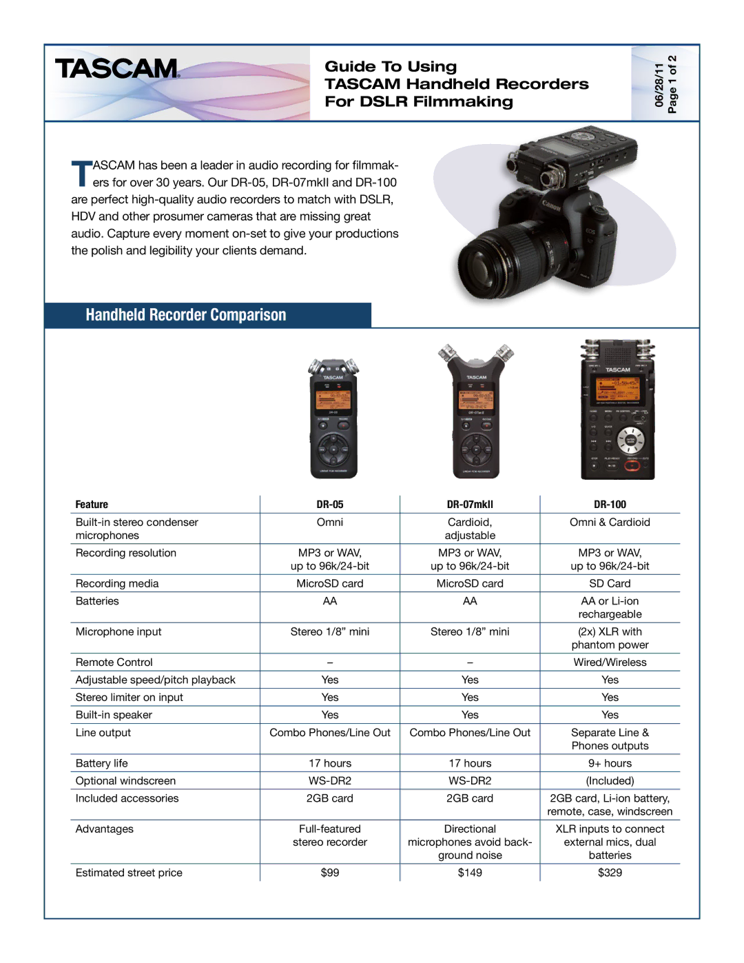 Tascam DR-05, DR-07MKLL, Dr100 manual Handheld Recorder Comparison, 06/28/11 Page 1 