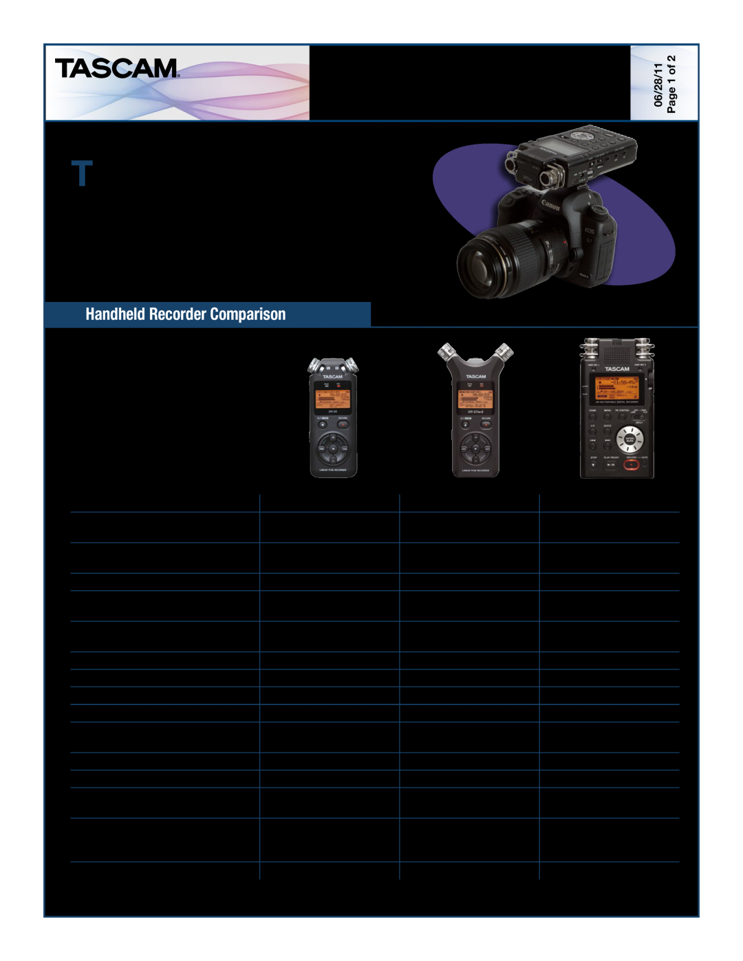Tascam DR-05, DR-07MKLL manual Handheld Recorder Comparison, Guide To Using TASCAM Handheld Recorders For DSLR Filmmaking 