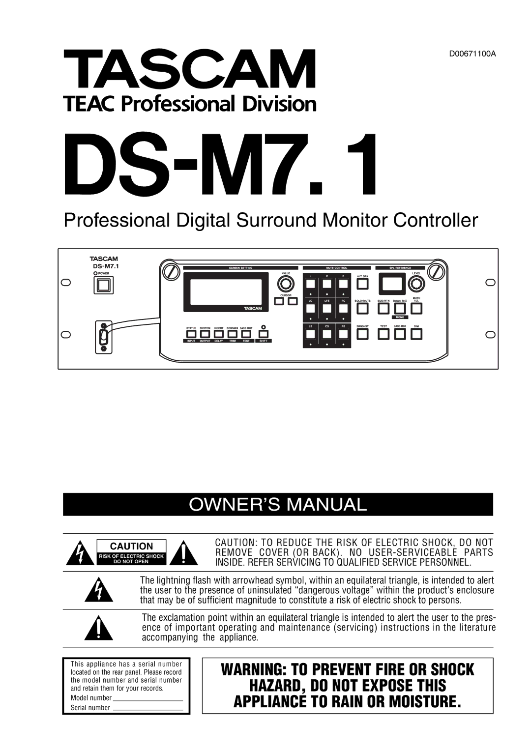 Tascam DS-M7.1 owner manual Professional Digital Surround Monitor Controller 