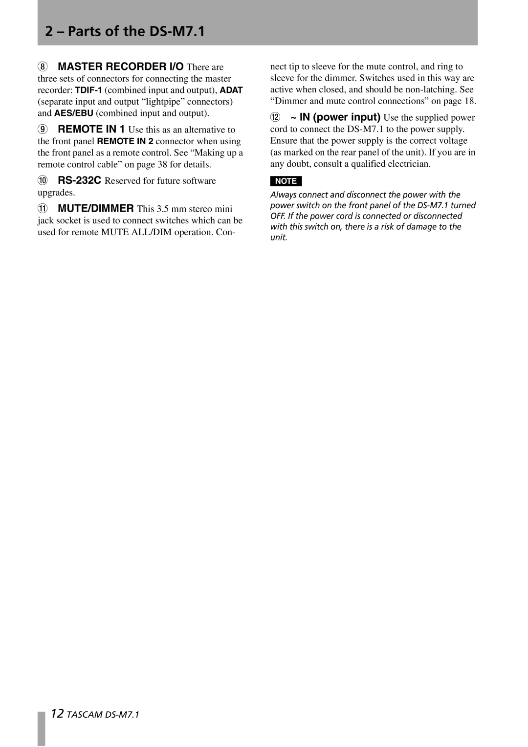 Tascam owner manual Parts of the DS-M7.1 