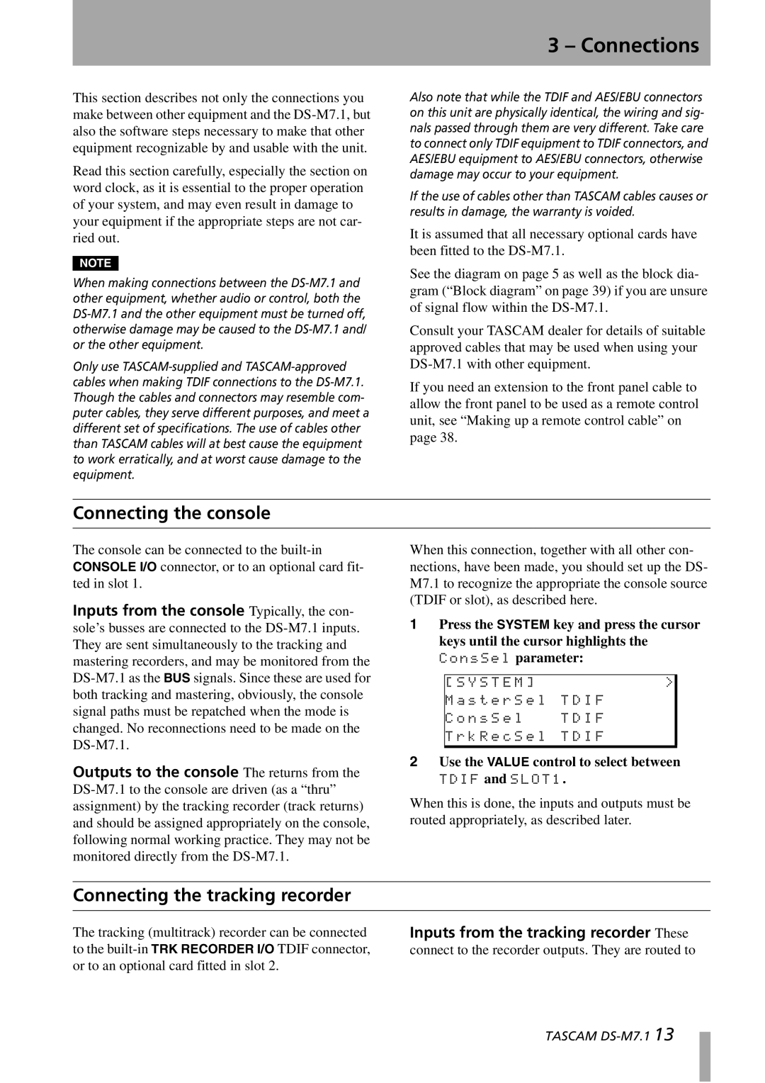 Tascam DS-M7.1 owner manual Connections, Connecting the console, Connecting the tracking recorder 