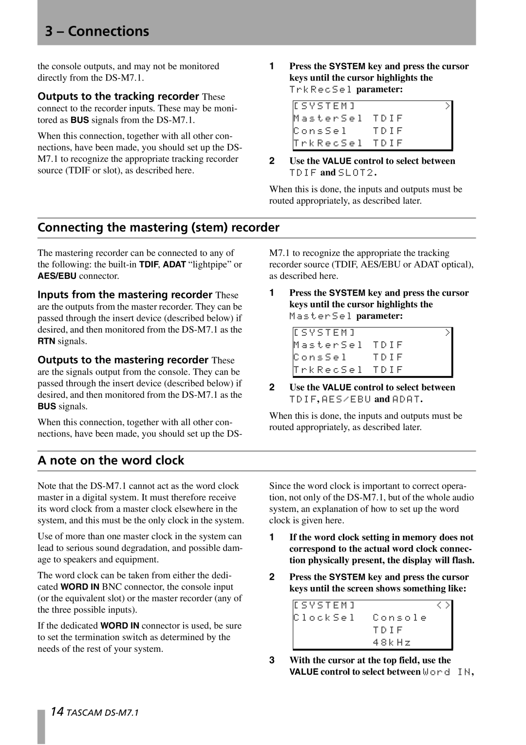 Tascam DS-M7.1 owner manual Connecting the mastering stem recorder 