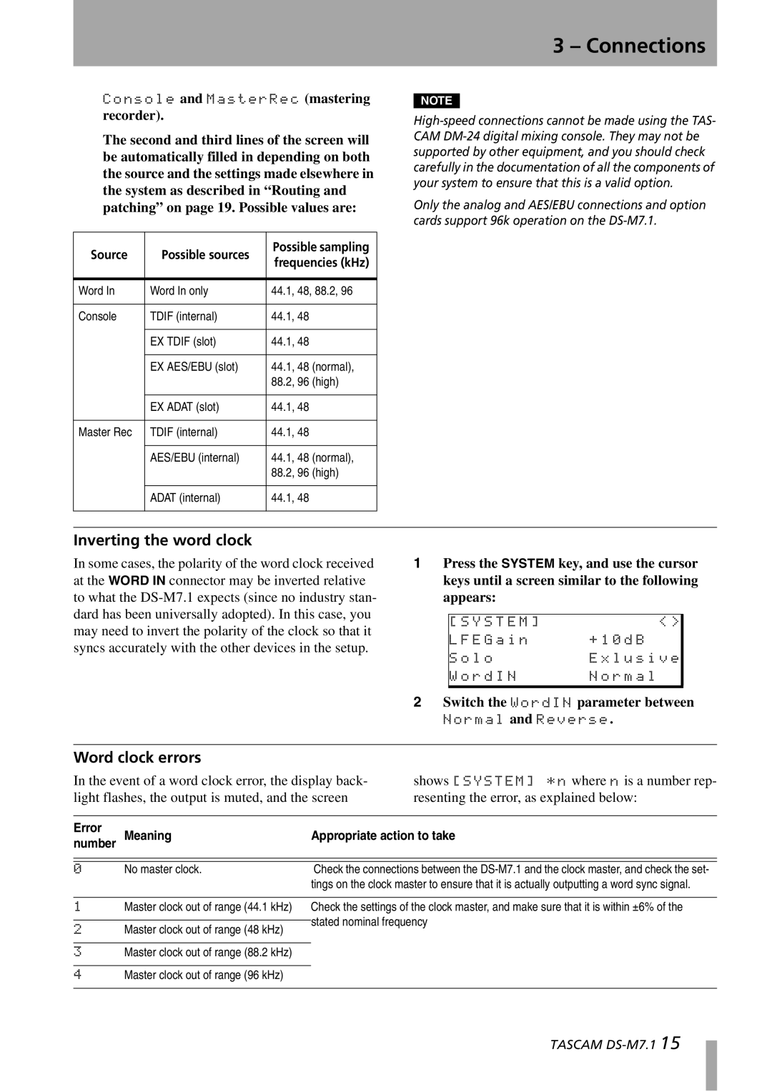 Tascam DS-M7.1 owner manual Inverting the word clock, Word clock errors 