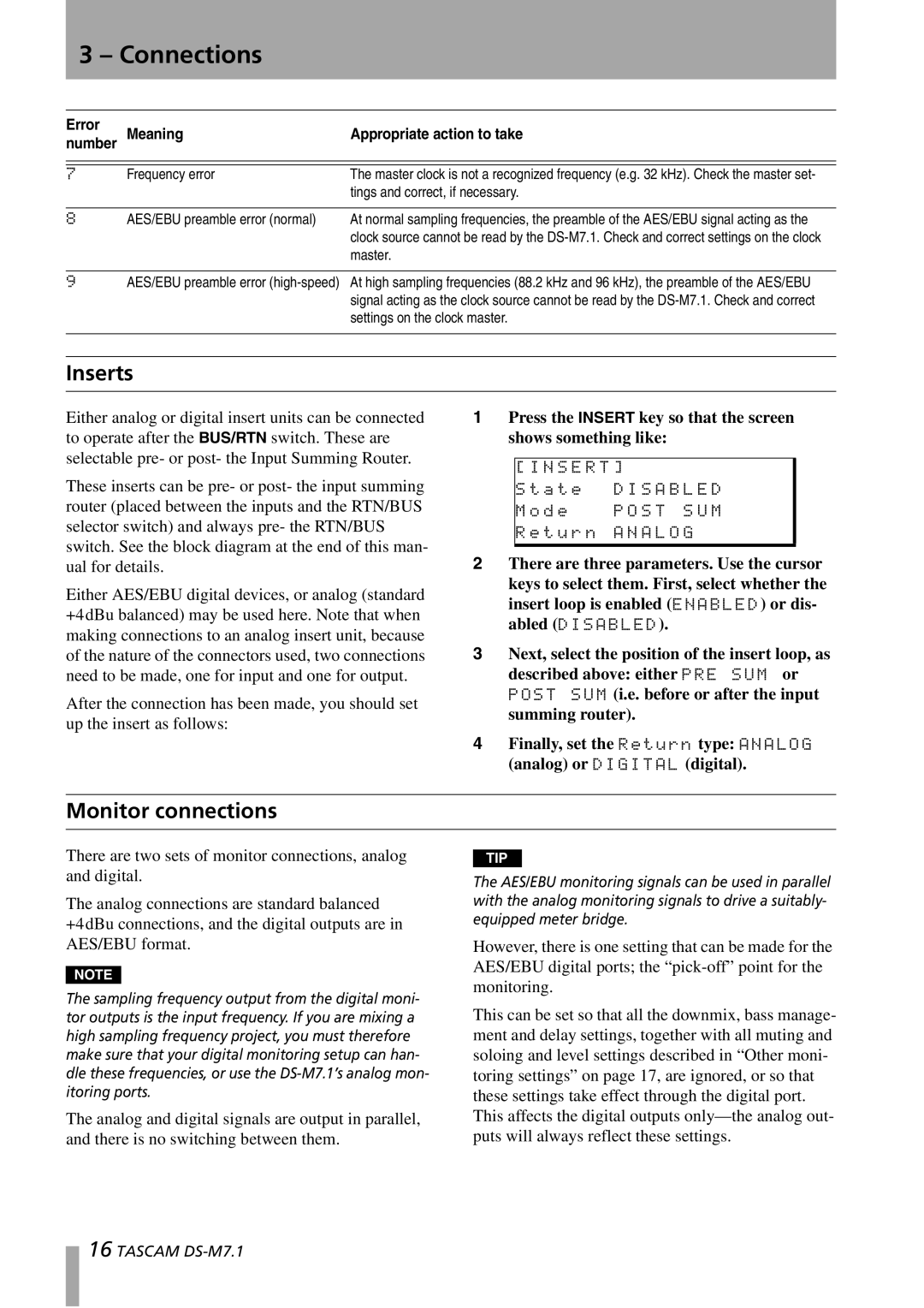 Tascam DS-M7.1 owner manual Inserts, Monitor connections 