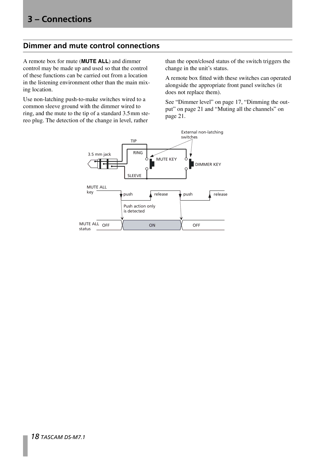 Tascam DS-M7.1 owner manual Dimmer and mute control connections 