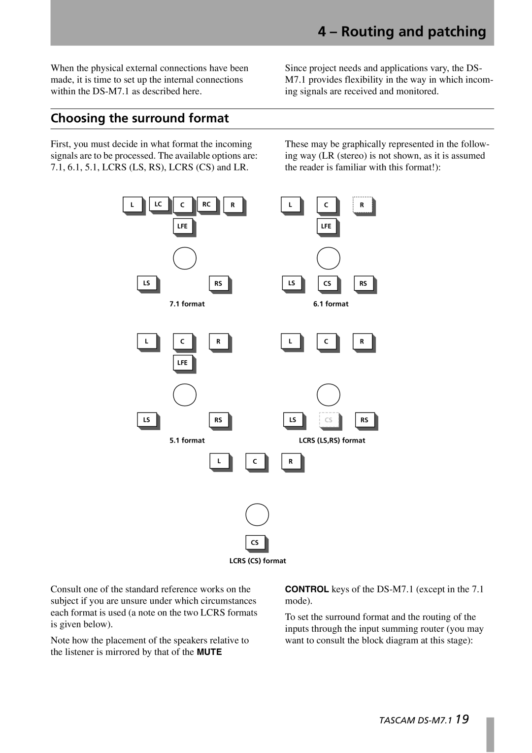 Tascam DS-M7.1 owner manual Routing and patching, Choosing the surround format 