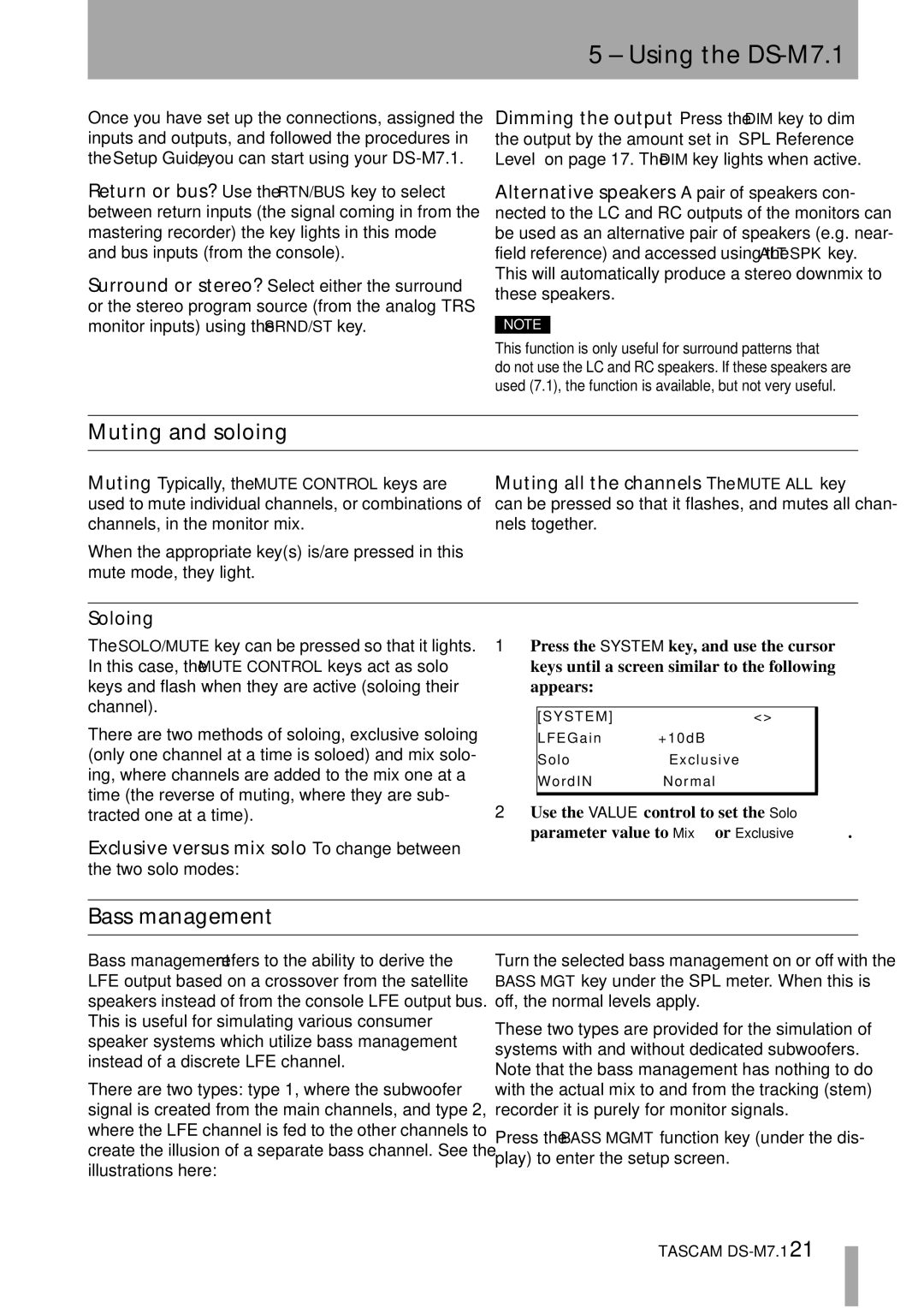 Tascam owner manual Using the DS-M7.1, Muting and soloing, Bass management, Soloing 