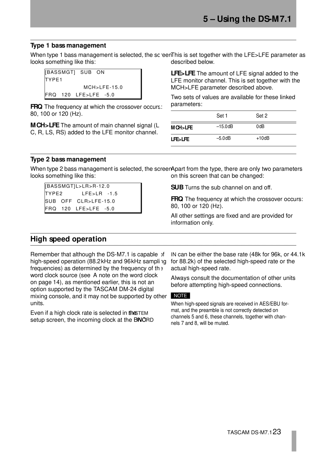 Tascam DS-M7.1 owner manual High speed operation, Type 1 bass management, Type 2 bass management 