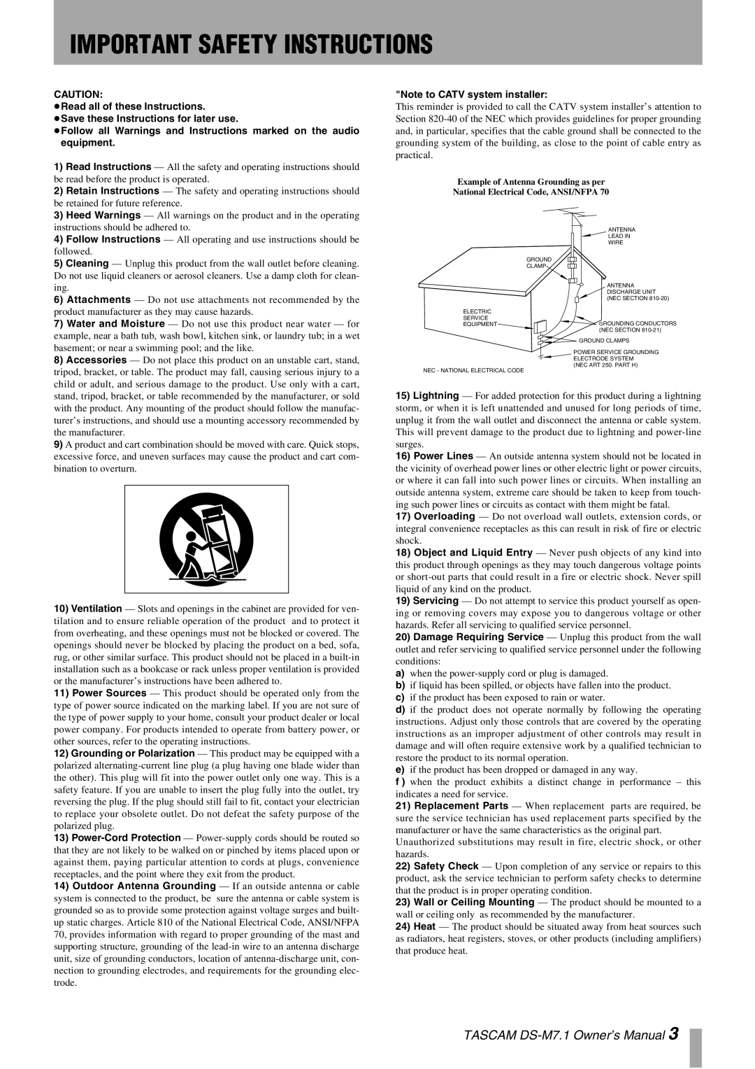 Tascam DS-M7.1 owner manual Important Safety Instructions 