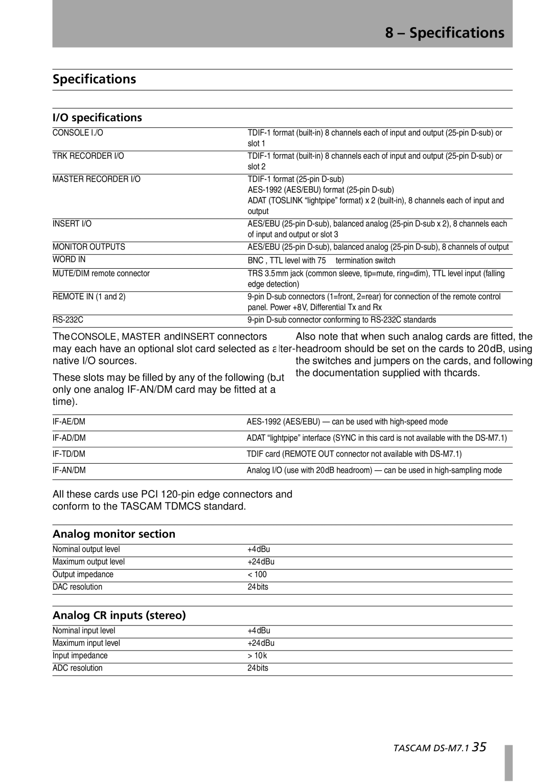 Tascam DS-M7.1 owner manual Specifications, Analog monitor section, Analog CR inputs stereo 