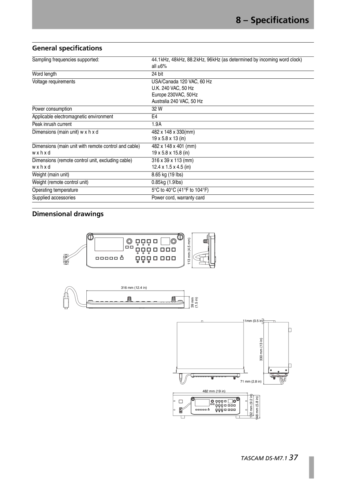 Tascam DS-M7.1 owner manual General specifications, Dimensional drawings 