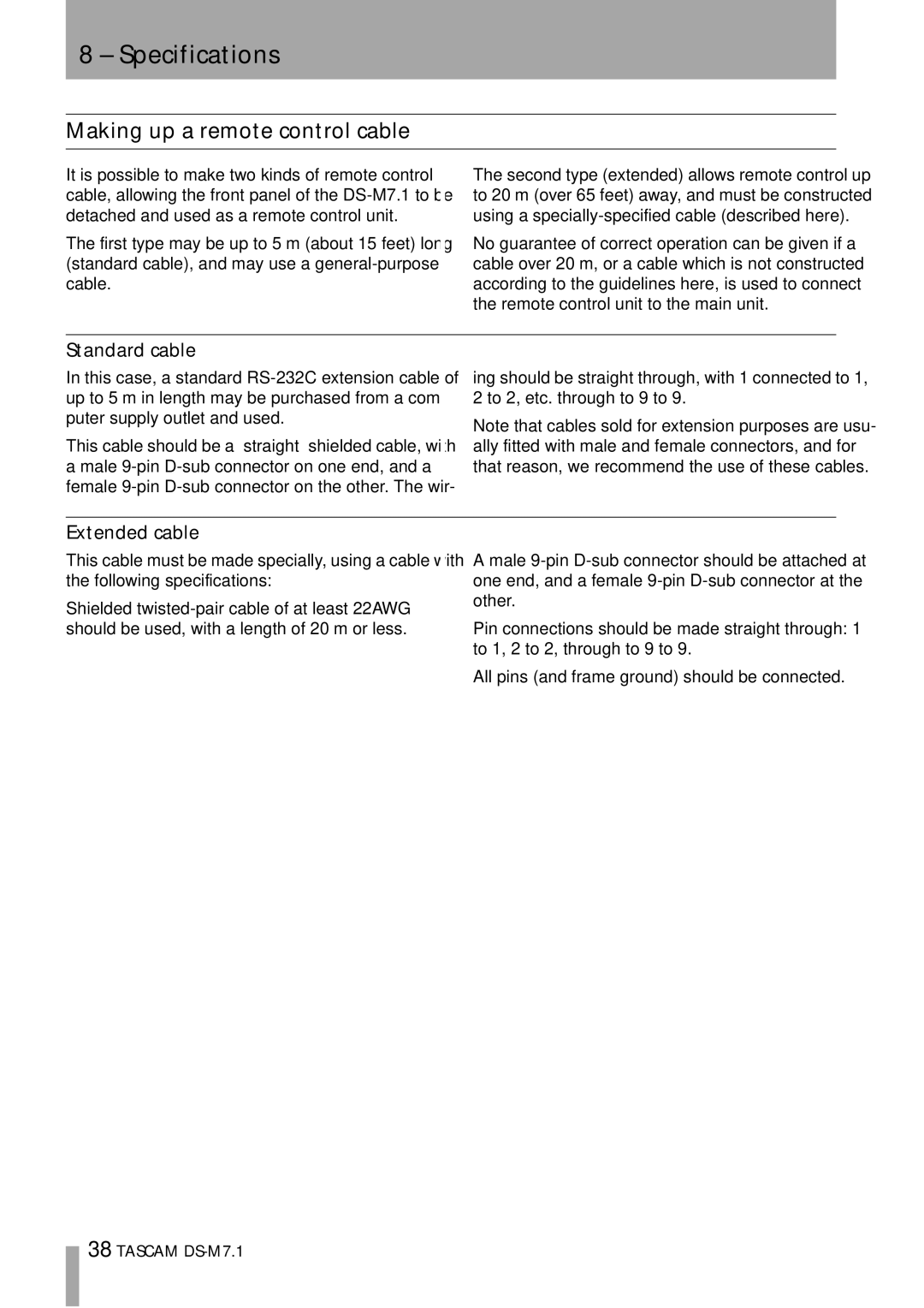 Tascam DS-M7.1 owner manual Making up a remote control cable, Standard cable, Extended cable 