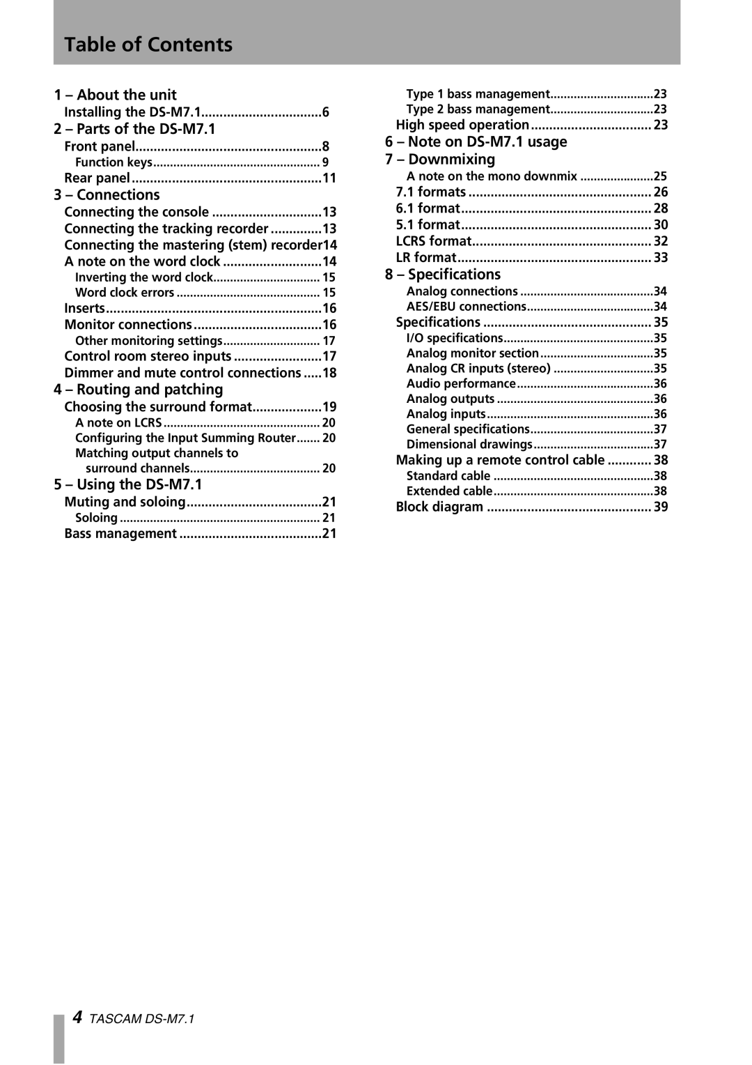 Tascam DS-M7.1 owner manual Table of Contents 