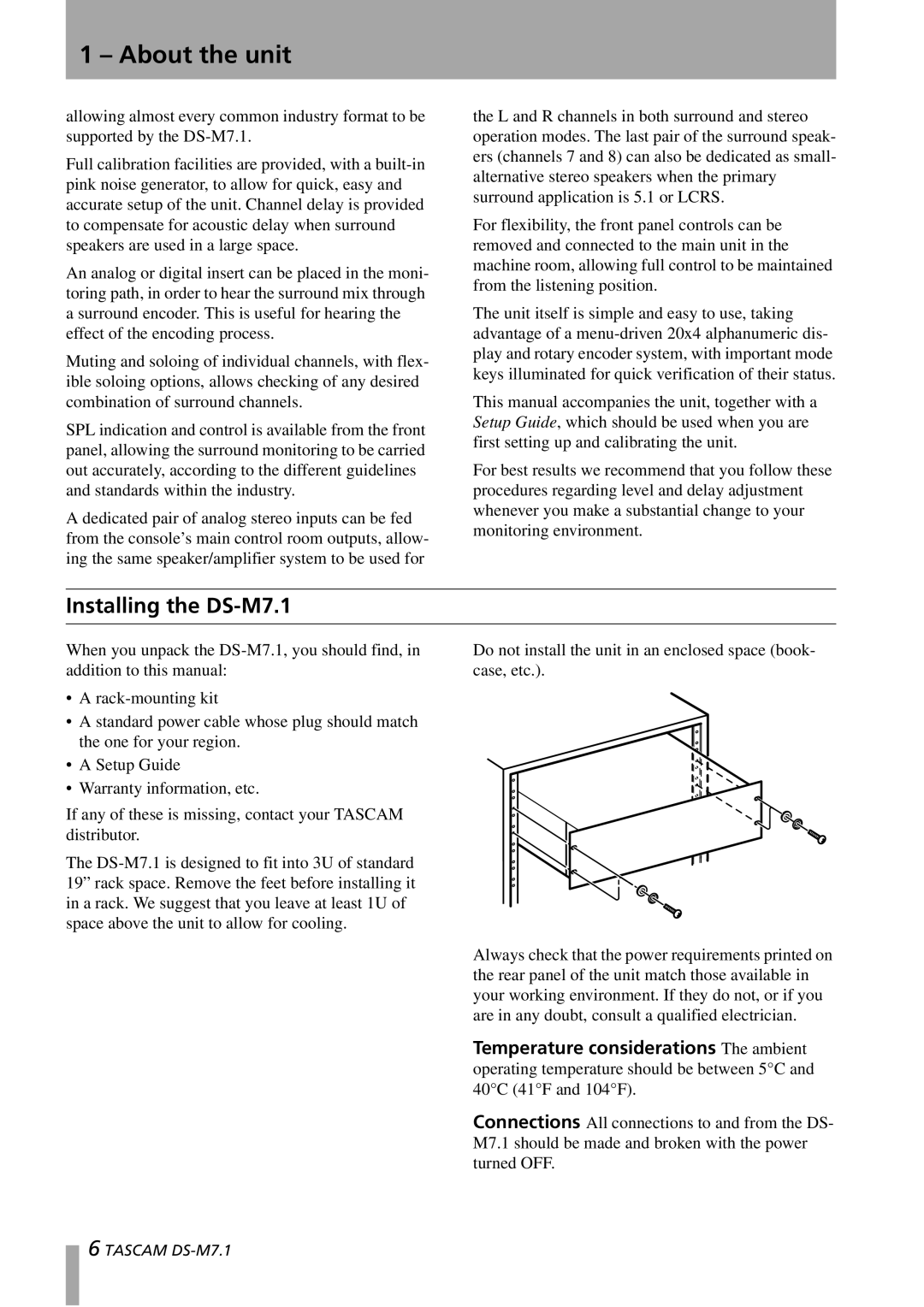 Tascam owner manual Installing the DS-M7.1 