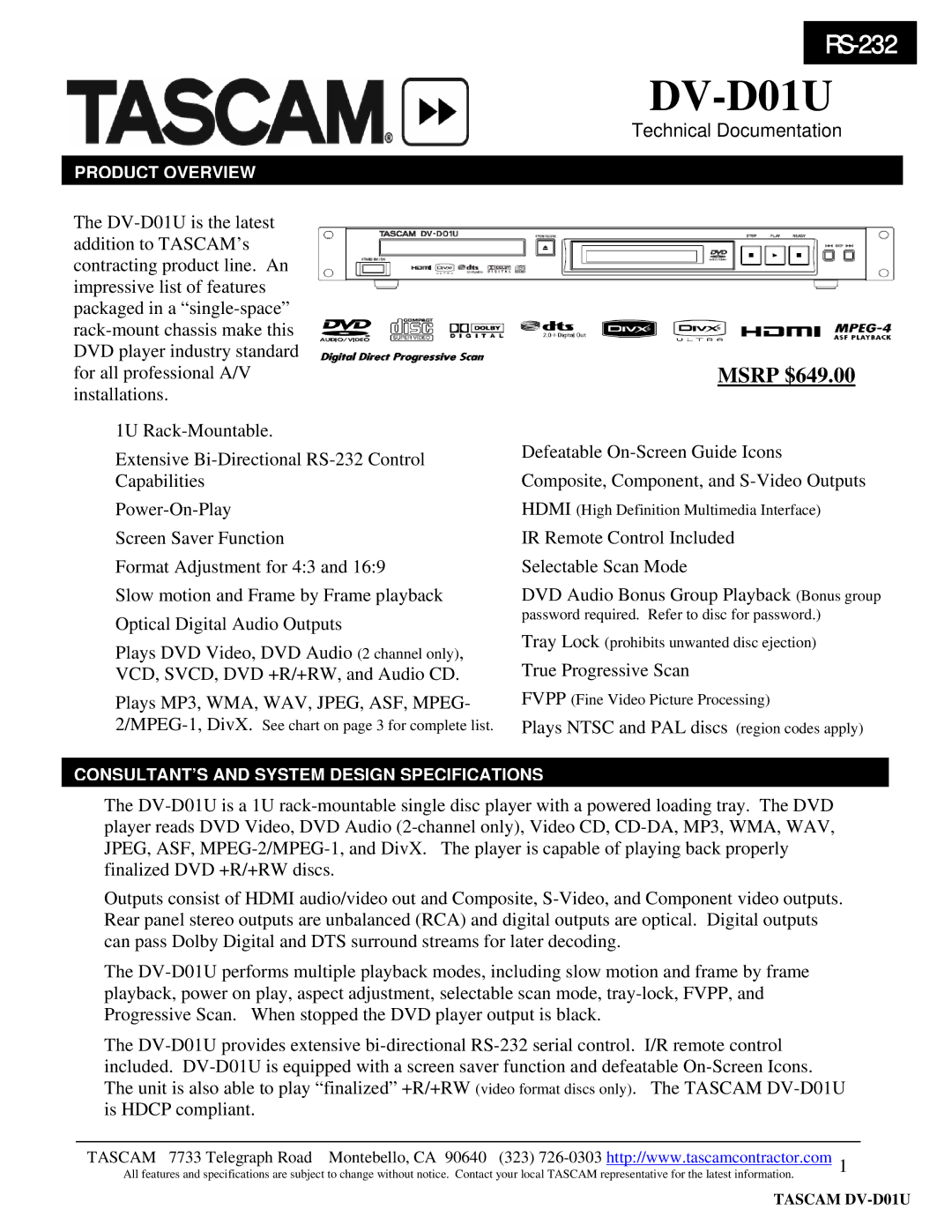 Tascam DV-D01U specifications 