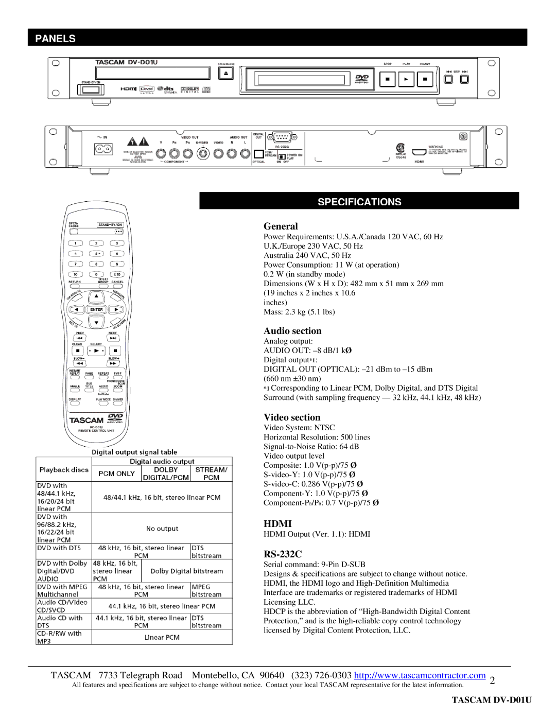 Tascam DV-D01U specifications General, Audio section, Video section, RS-232C 