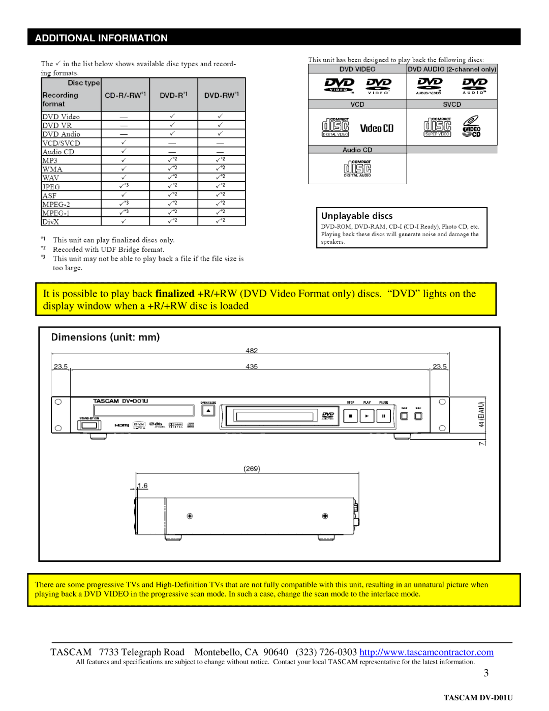 Tascam DV-D01U specifications Additional Information 