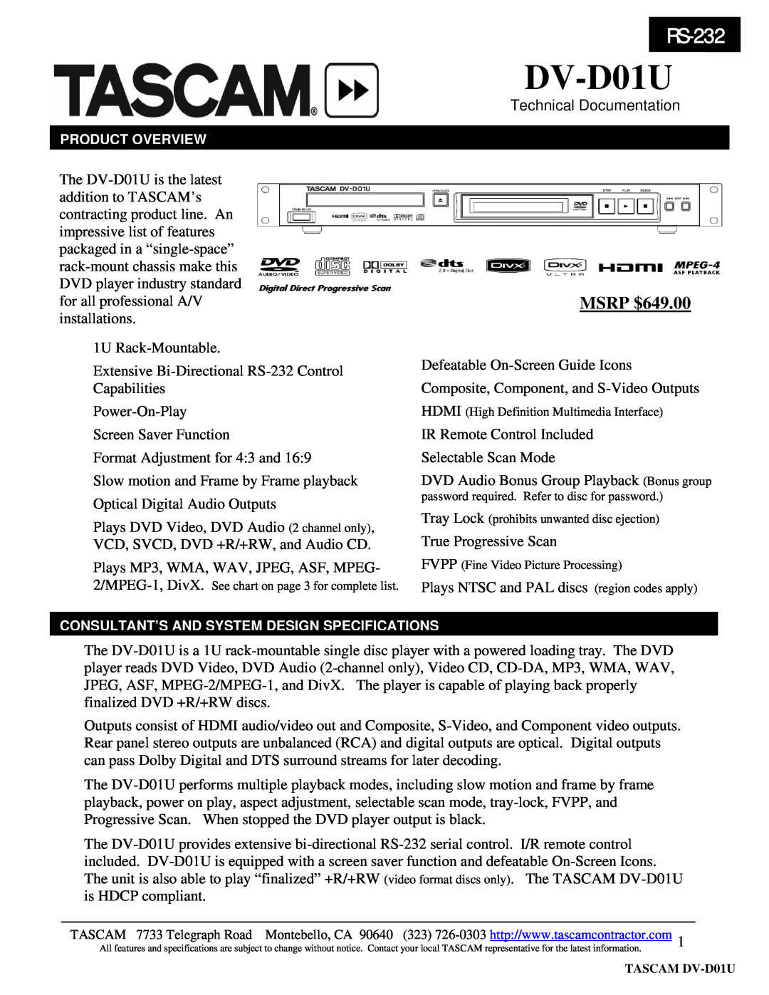 Tascam DV-D01U specifications RS-232, MSRP $649.00 