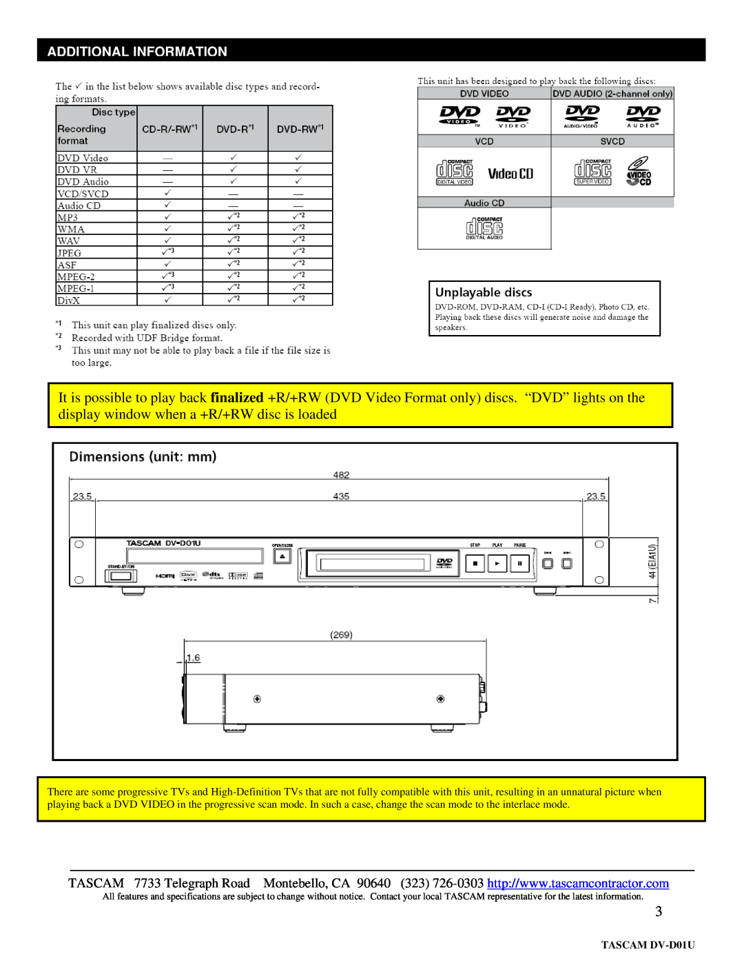 Tascam specifications Additional Information, TASCAM DV-D01U 