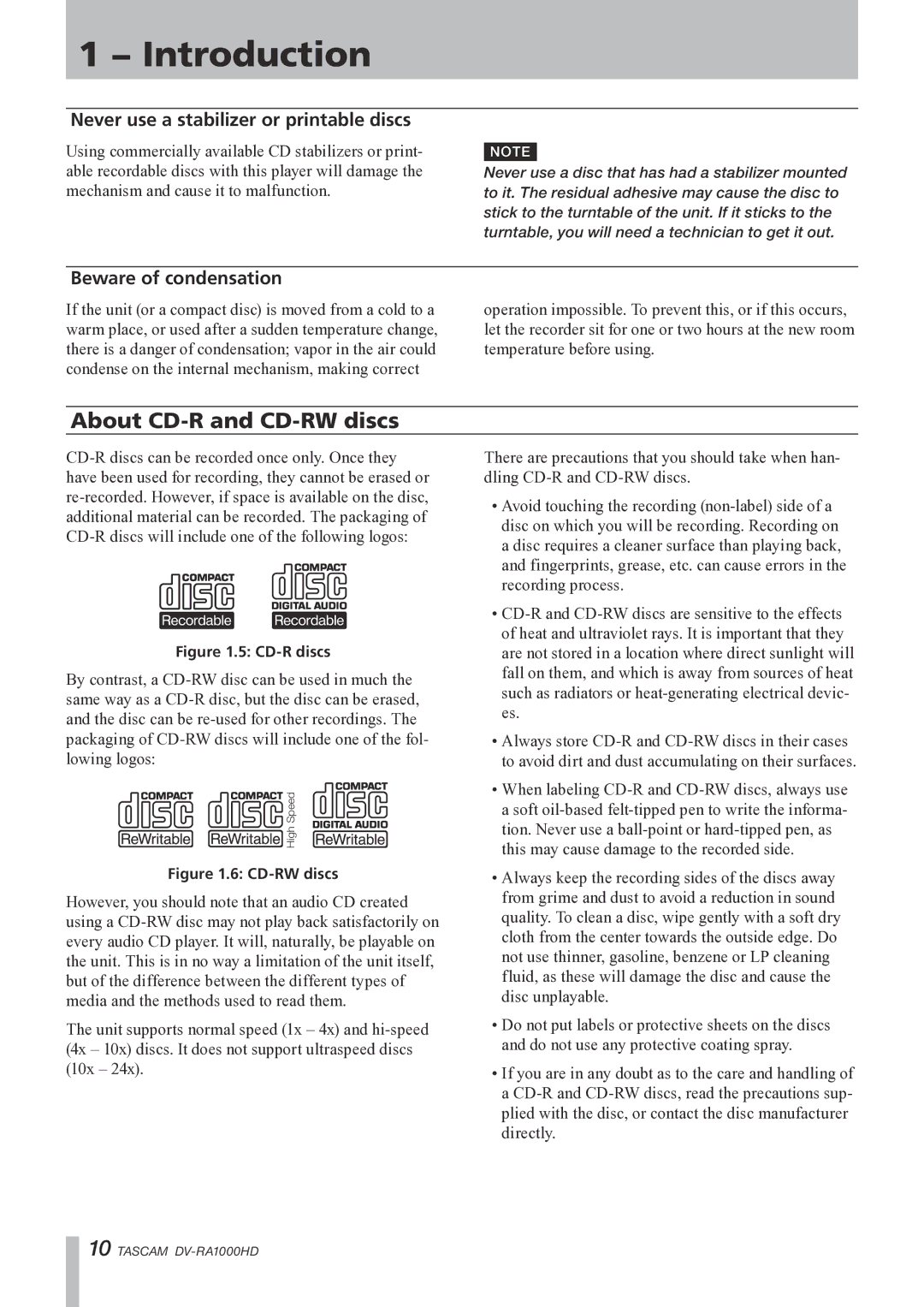 Tascam DV-RA1000HD About CD-R and CD-RW discs, Never use a stabilizer or printable discs, Beware of condensation 