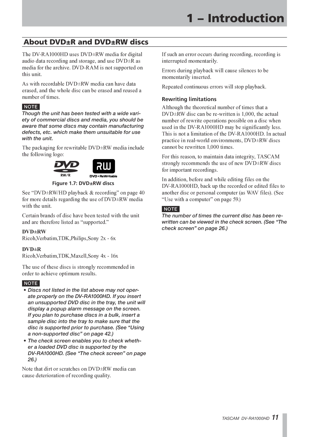 Tascam DV-RA1000HD owner manual About DVD±R and DVD±RW discs, Rewriting limitations 